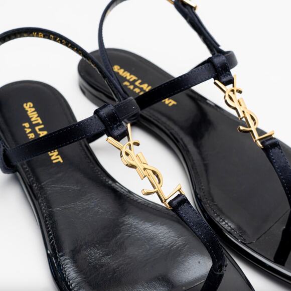 Saint Laurent Cassandra Navy Satin YSL Flat Logo Thong Sandals - Picture 8 of 15
